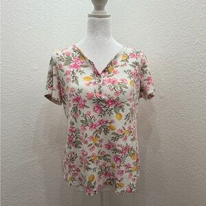 Karen Scott Cream Short-Sleeve Henley with Pink Floral Print